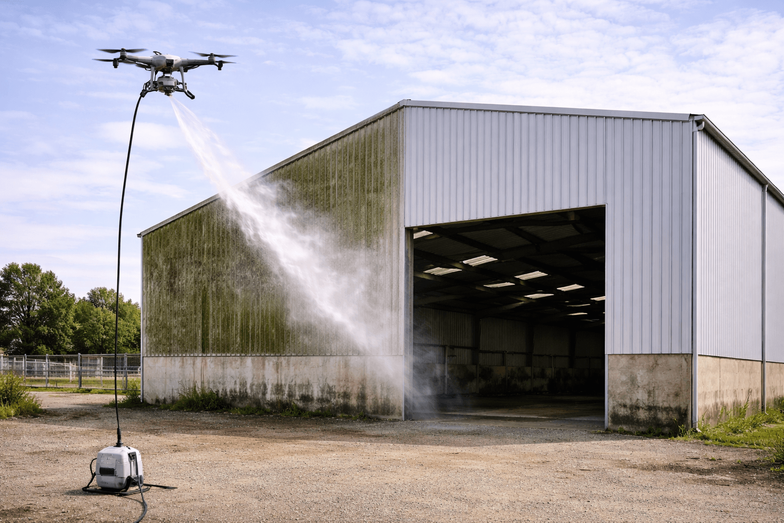 Nettoyage de façade d’hangar agricole par drone (sans échafaudage)