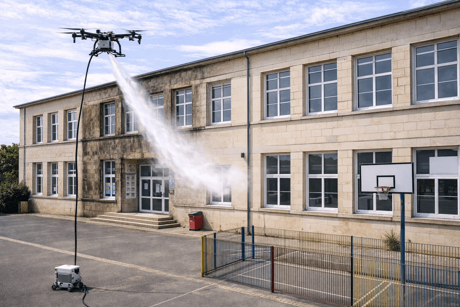 Nettoyage de façade d’école par drone (sans échafaudage)