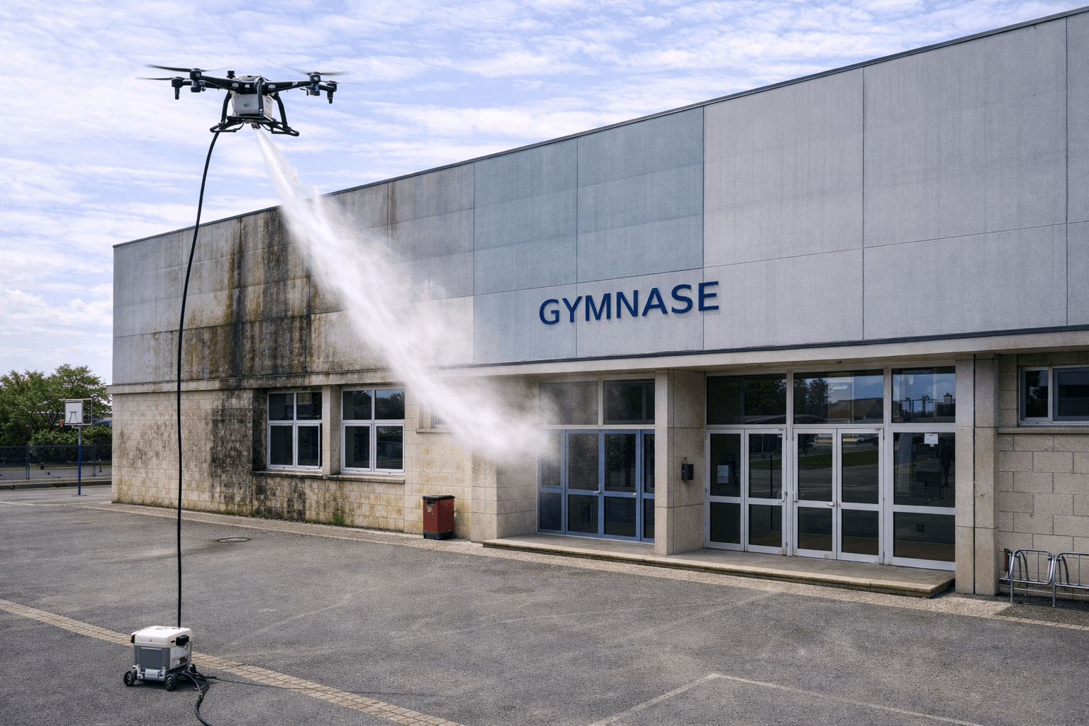 Nettoyage de façade de gymnase par drone (bâtiments publics sans échafaudage)