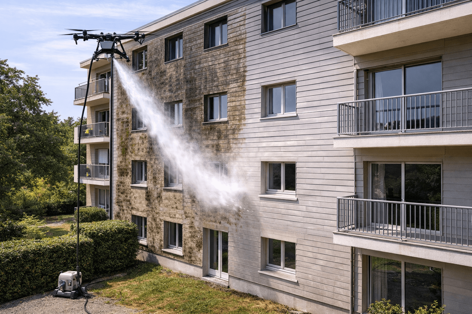 Nettoyage de façade d’immeuble en bardage par drone (sans échafaudage)