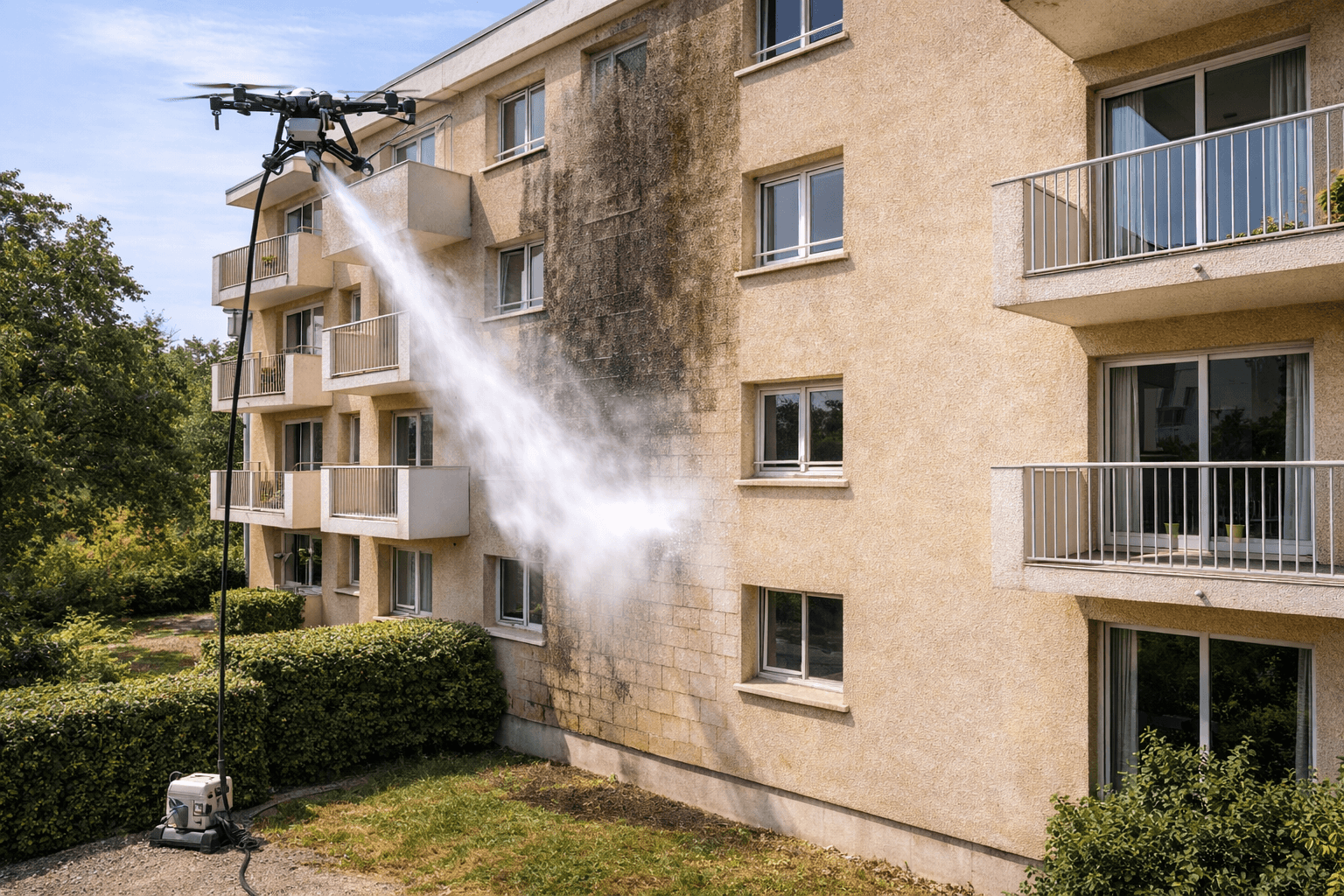 Nettoyage de façade d'immeuble par drone