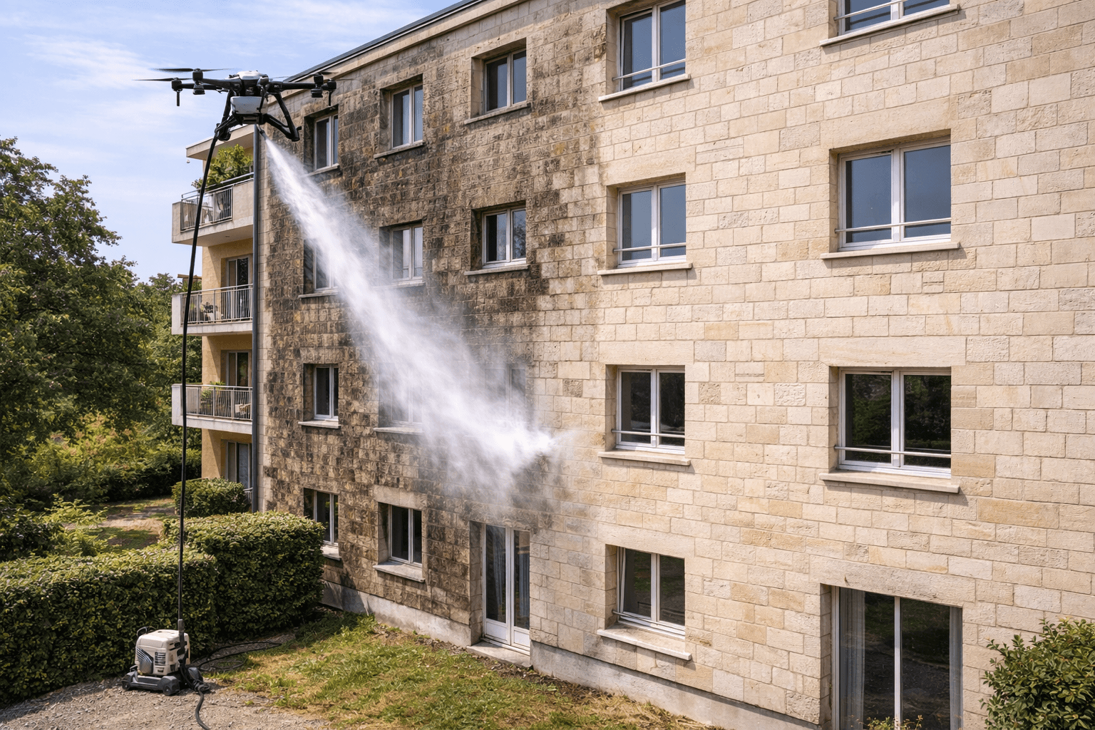 Nettoyage de façade en pierre d’immeuble par drone (copropriété et patrimoine)