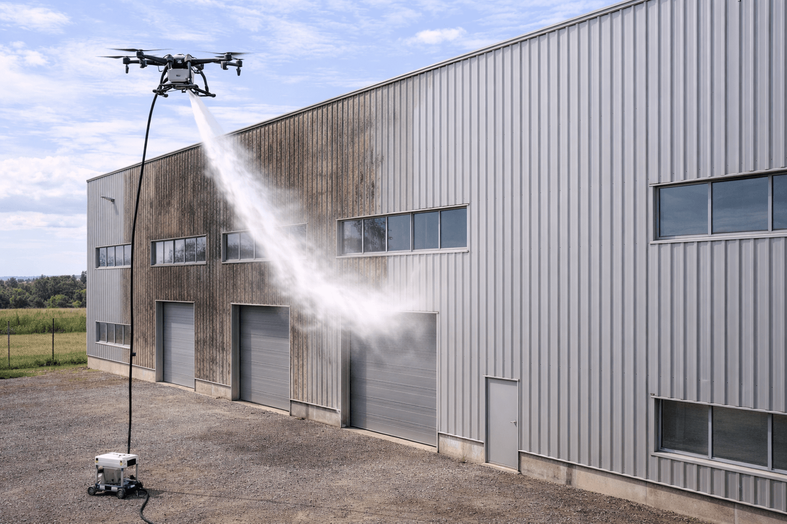 Nettoyage de façade industrielle en bardage par drone (usine, entrepôt, logistique)