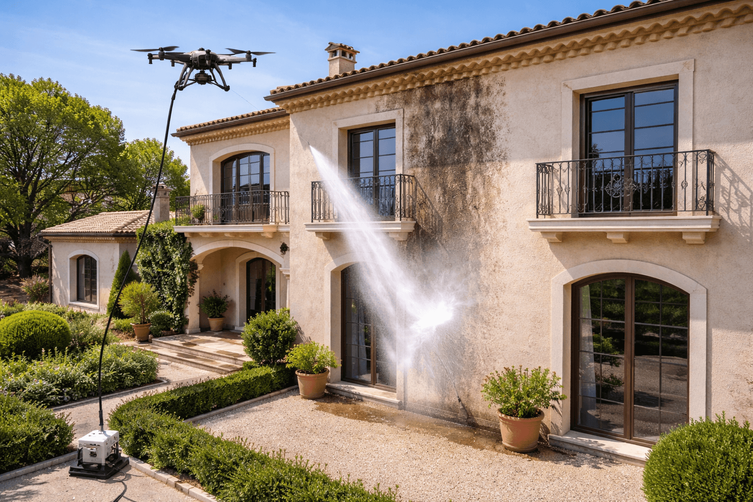 Nettoyage de façade de maison en crépi par drone (sans échafaudage)