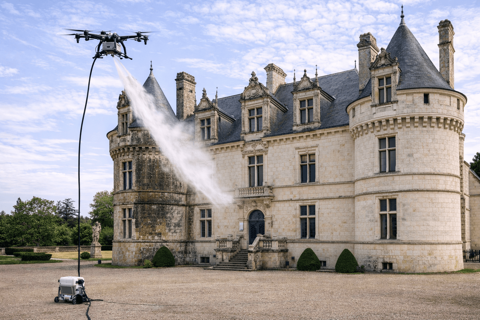 Nettoyage de façade de château par drone (pierre, pollution, mousses)
