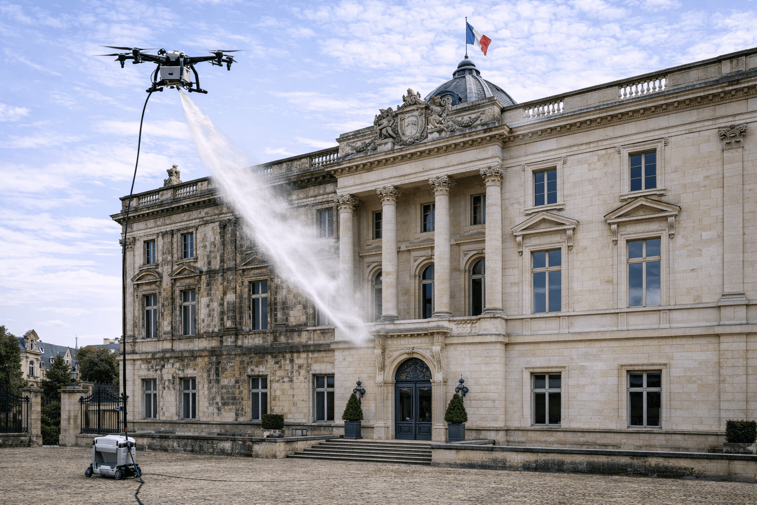 Nettoyage de façade de monument historique par drone (pierre, église, bâtiment classé)