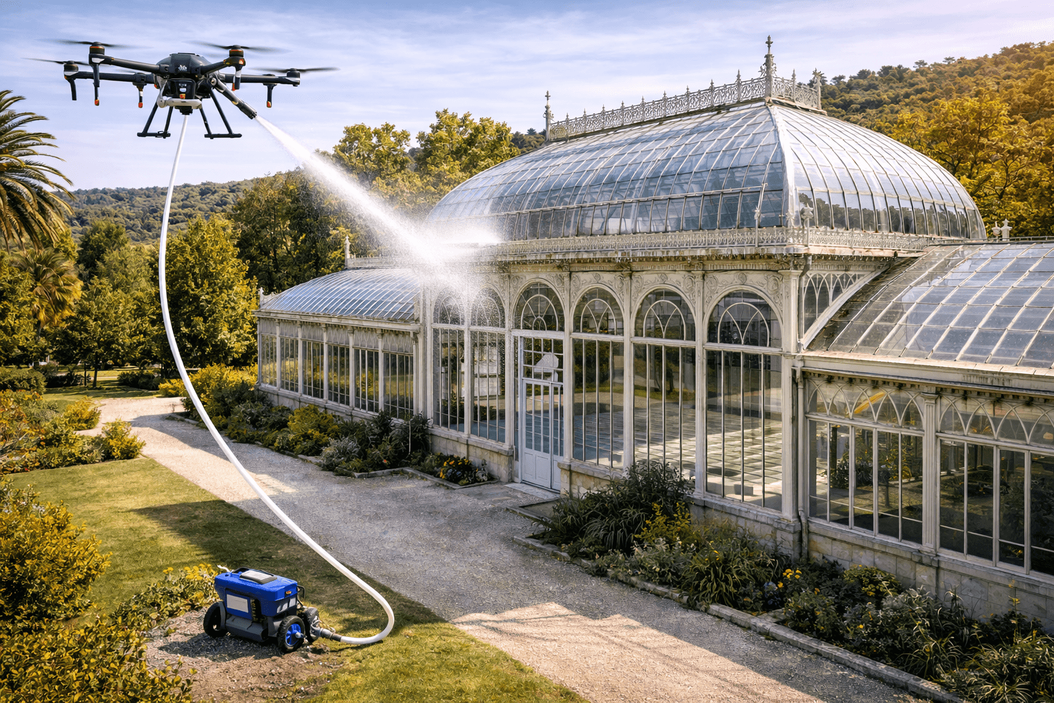 Nettoyage de verrière et façade vitrée par drone (bâtiment patrimonial, sans échafaudage)