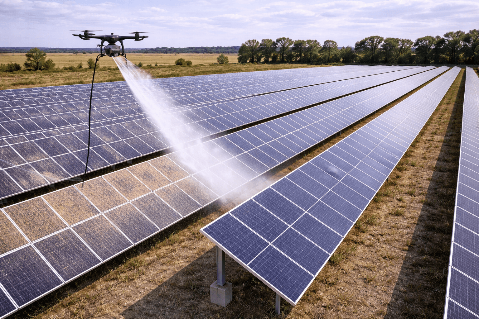 Nettoyage d'encrassement de centrales solaires par drone