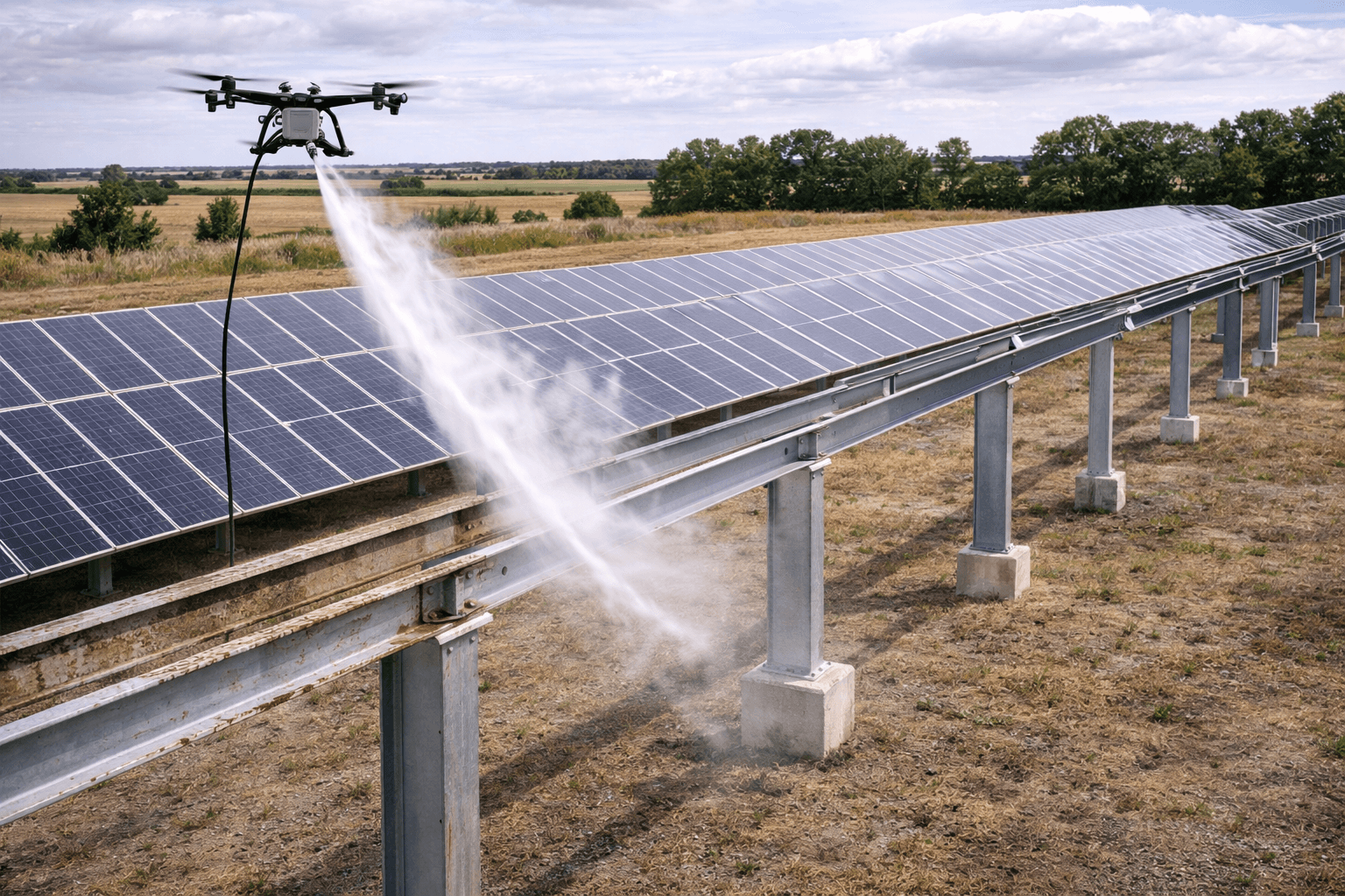 Nettoyage de centrales photovoltaïques par drone : soiling, rendement et maintenance