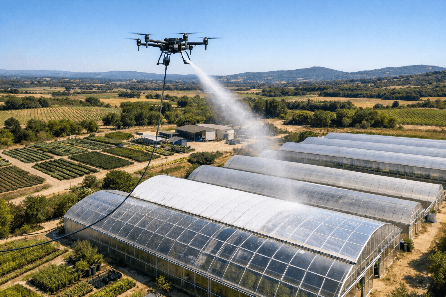 Blanchiment de serres agricoles par drone (chaulage, ombrage)