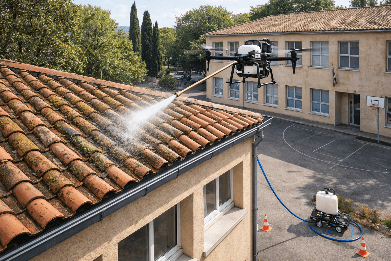 Nettoyage de toiture d'école par drone (démoussage bâtiments publics)