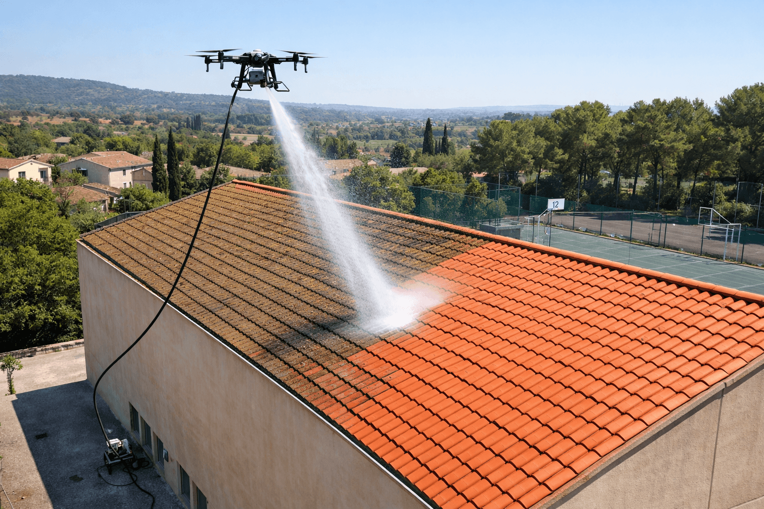 Nettoyage de toiture de gymnase par drone (bâtiments publics et grandes surfaces)