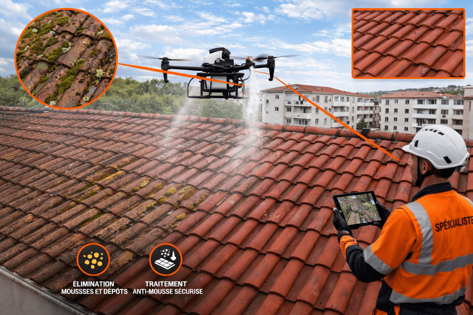 Démoussage de toiture d’immeuble et copropriété par drone (nettoyage et traitement anti-mousse)