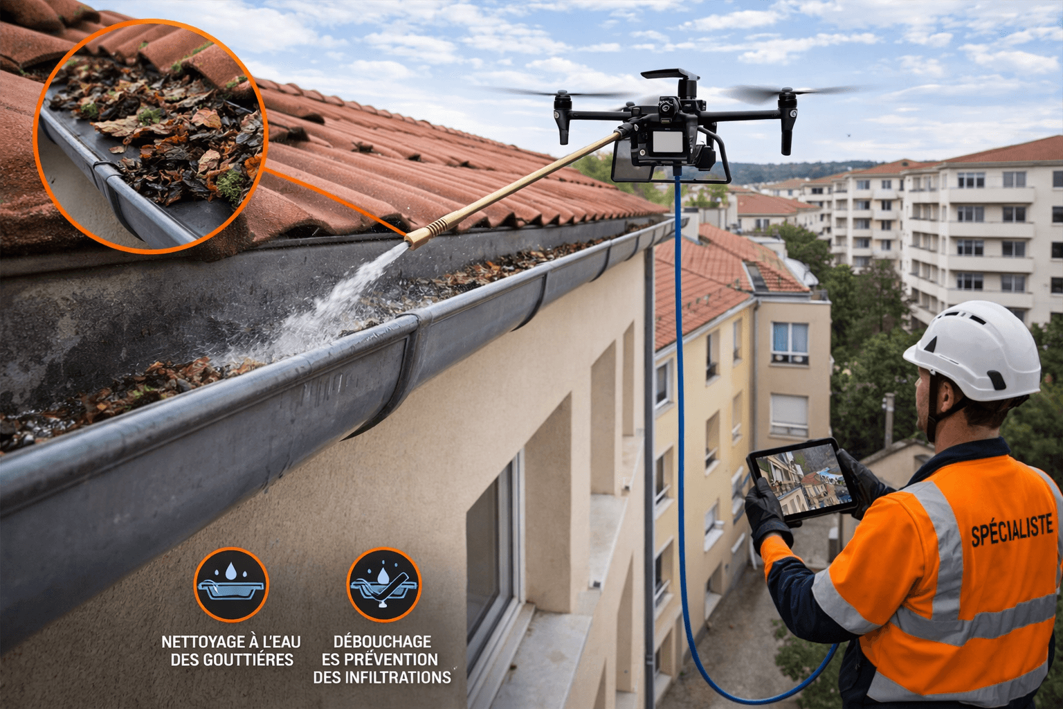 Nettoyage et débouchage de gouttières d'immeuble par drone