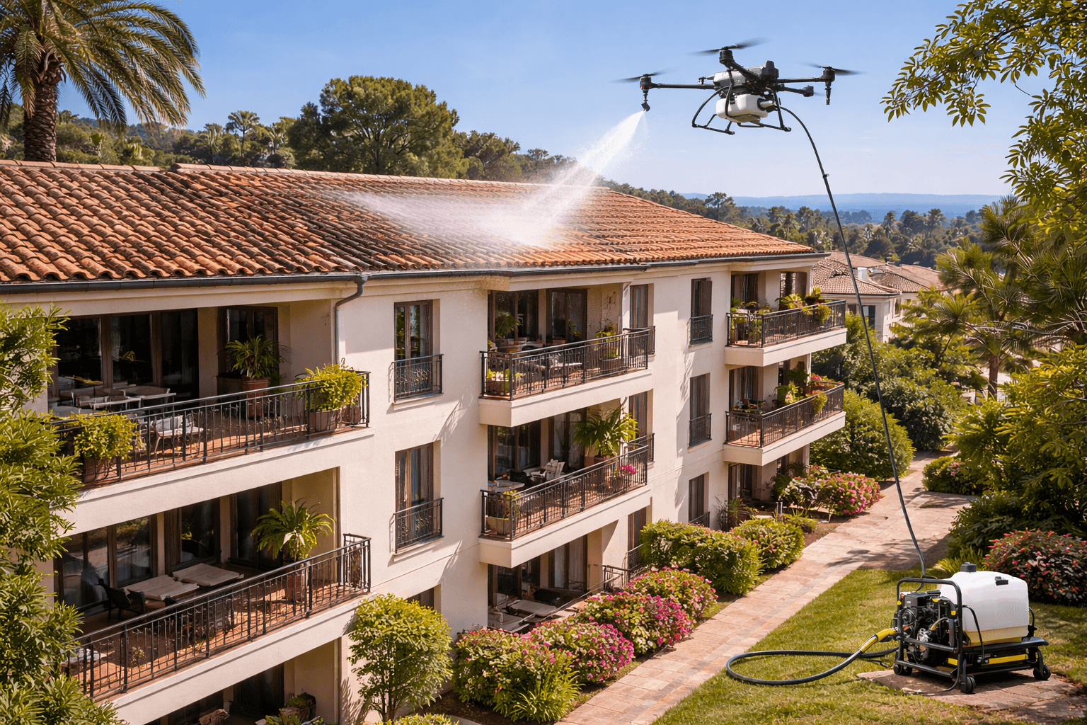 Nettoyage de toiture d'immeuble par drone