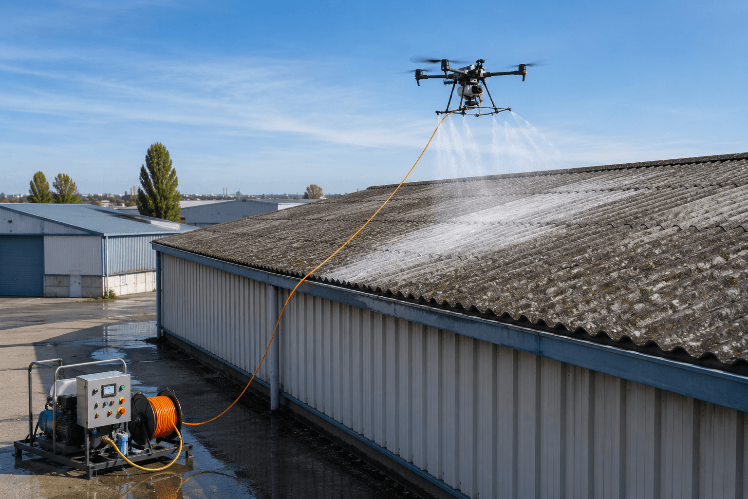 Nettoyage de toiture fibro-ciment par drone (entretien doux, basse pression)