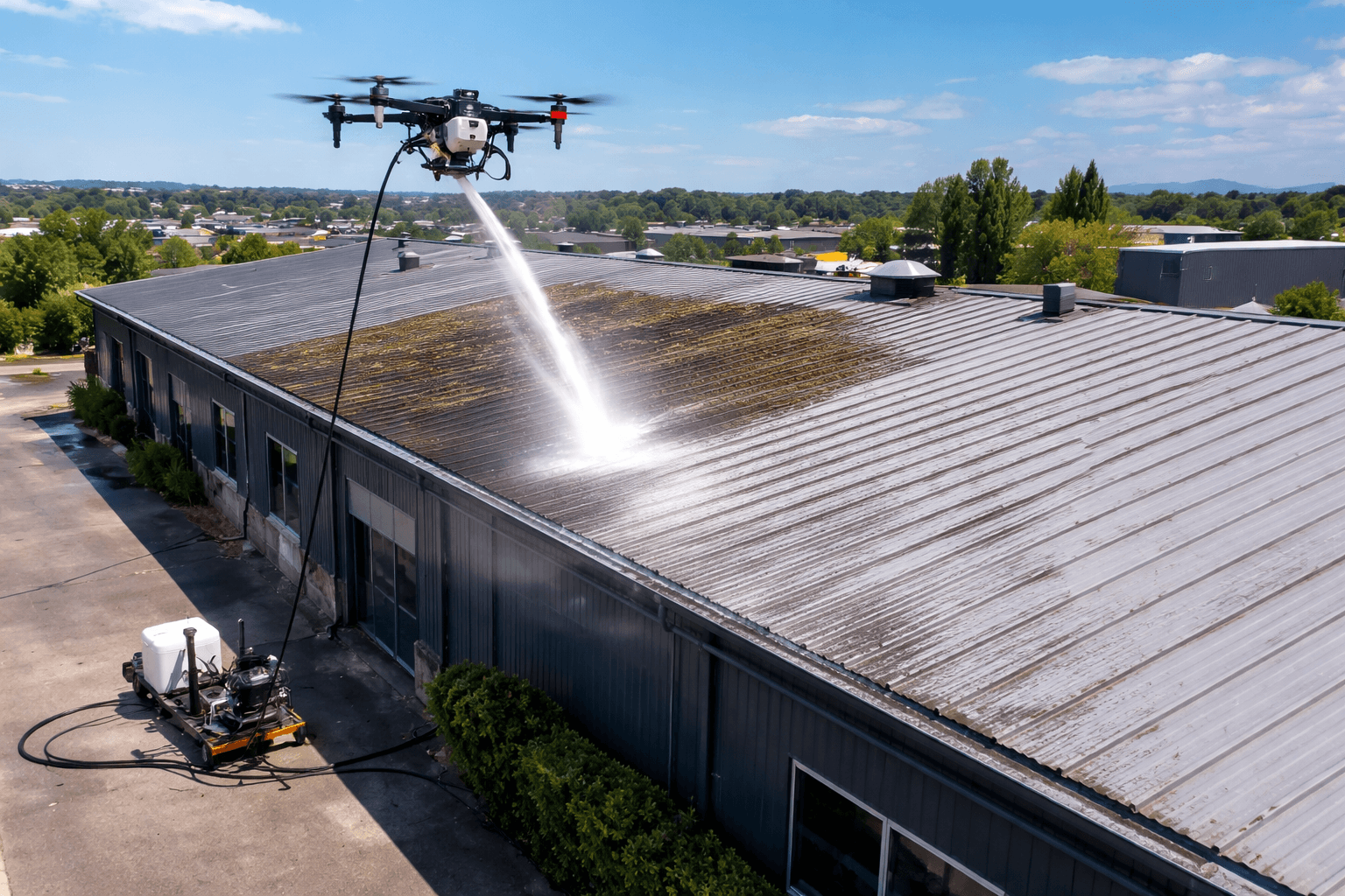 Nettoyage de toiture industrielle bac acier par drone (usine, entrepôt, logistique)