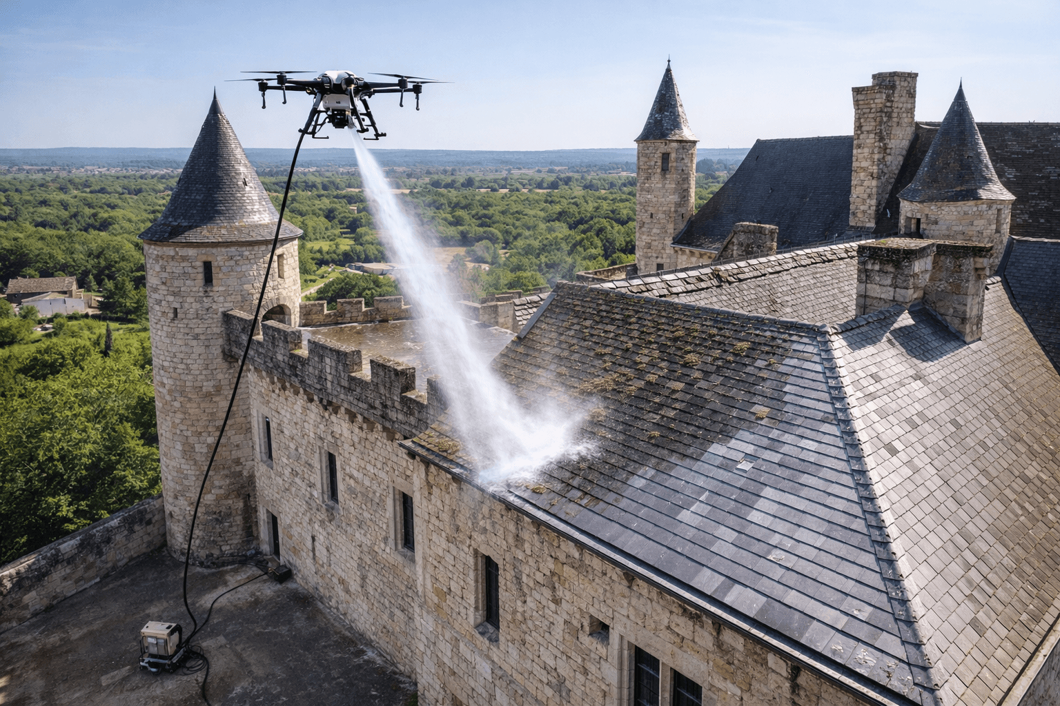Nettoyage de toiture de châteaux historiques par drone (tuiles, ardoises, zinc)