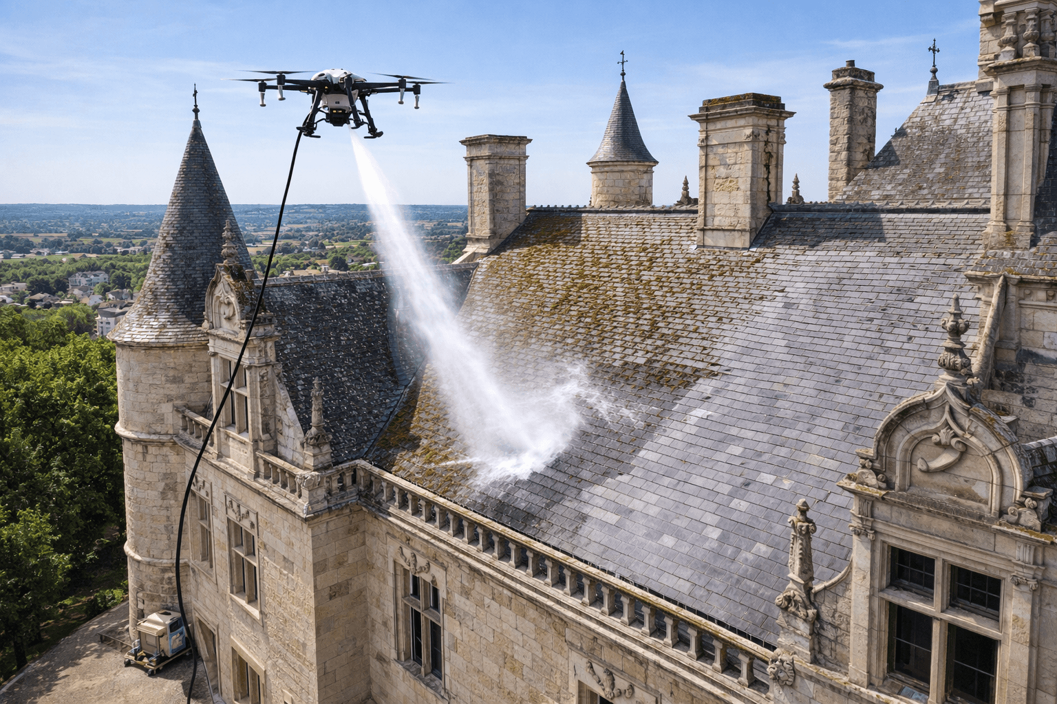 Nettoyage de toiture de monuments historiques par drone (église, clocher, château)