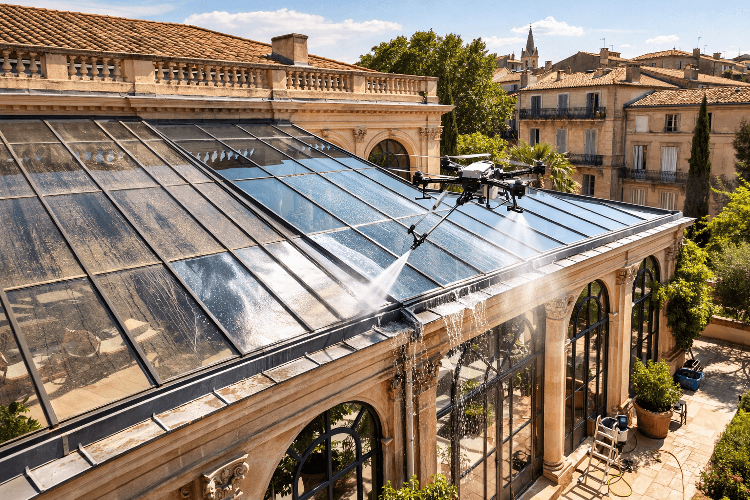 Nettoyage de toiture de verrières et orangeries par drone (bâtiments historiques)