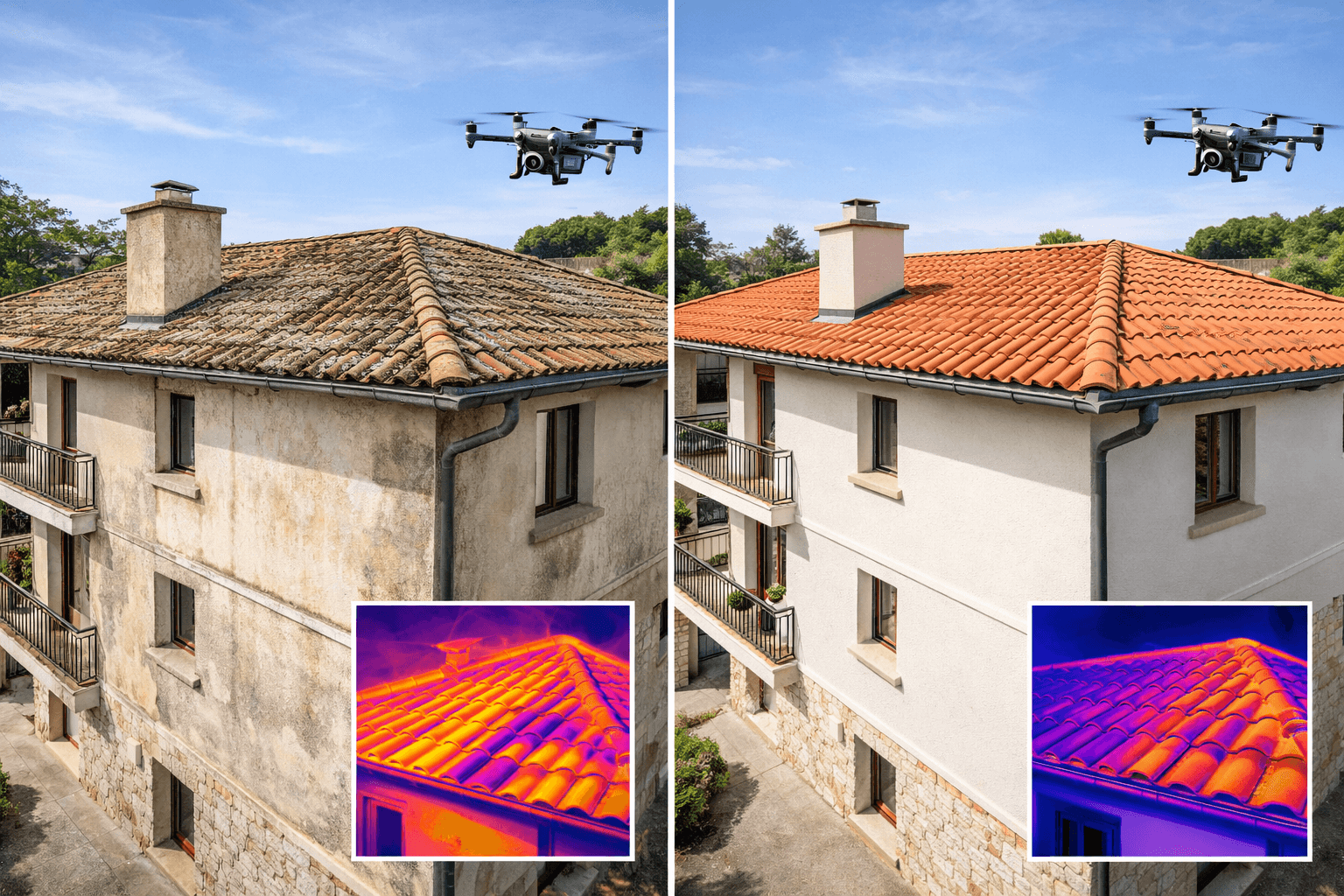 Intervention drone Altiviz — inspection, nettoyage, thermographie et cartographie toiture, façade et panneaux solaires en France