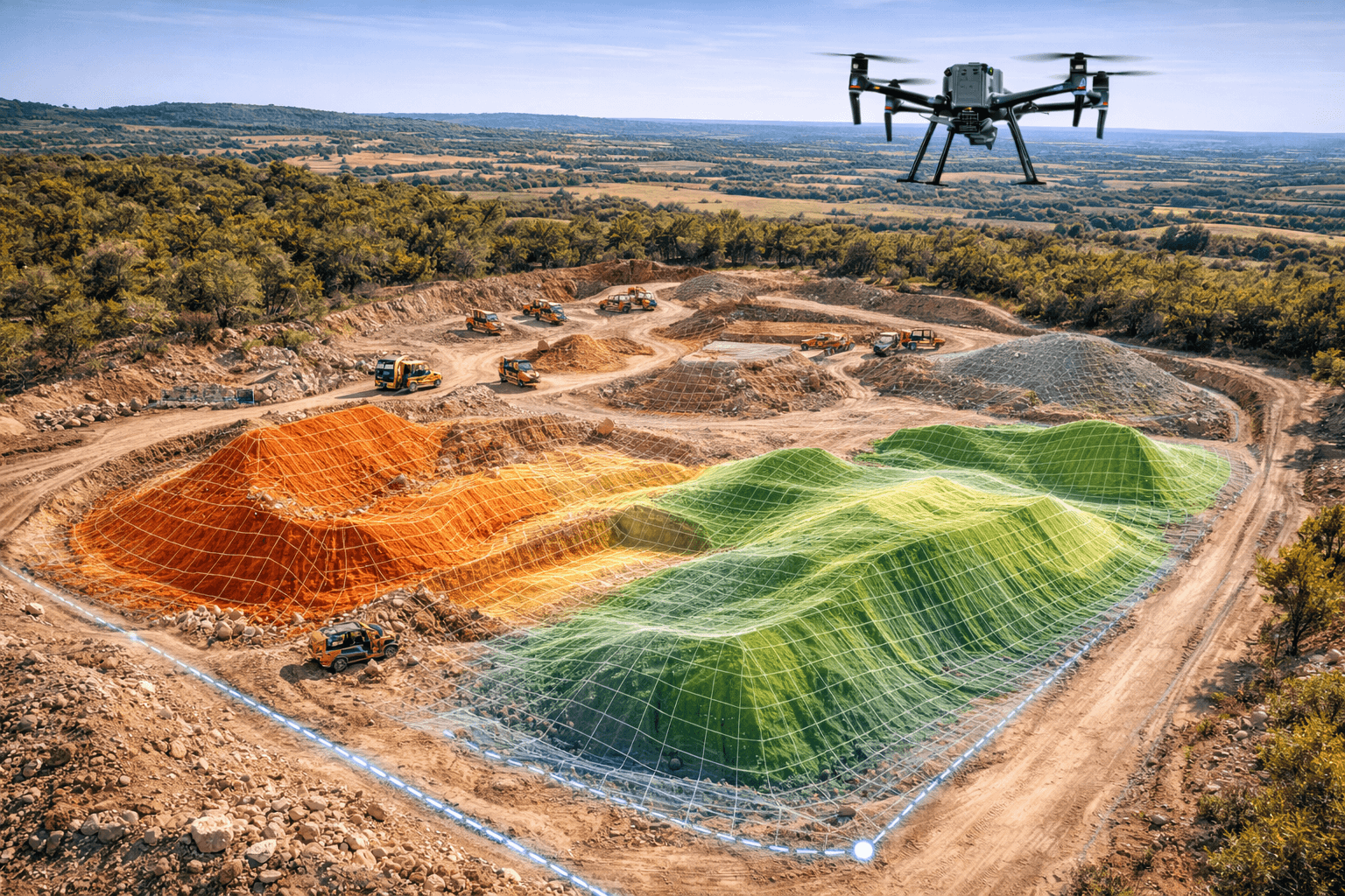 Calcul de volume par drone (terrassement, stock, carrière)