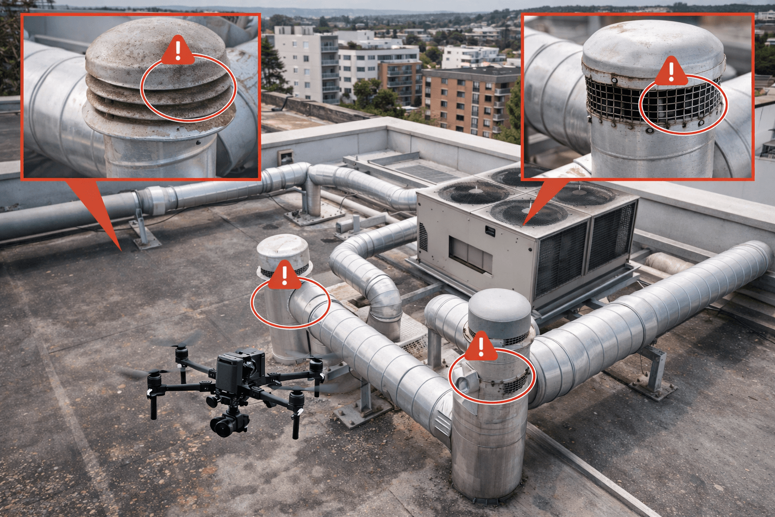 Inspection de conduits de ventilation et VMC en toiture par drone