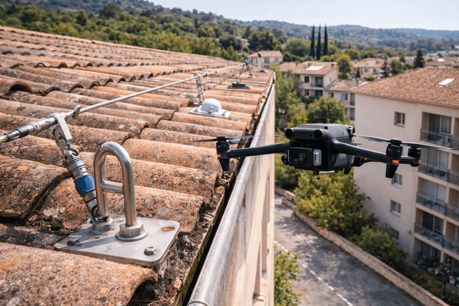 Inspection des ancrages de sécurité en toiture par drone (lignes de vie, antichute)