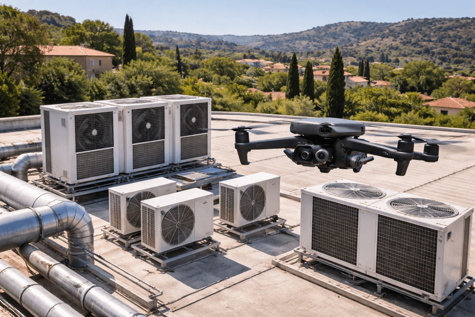 Inspection de climatisation et groupes froids en toiture par drone (HVAC, rooftop)