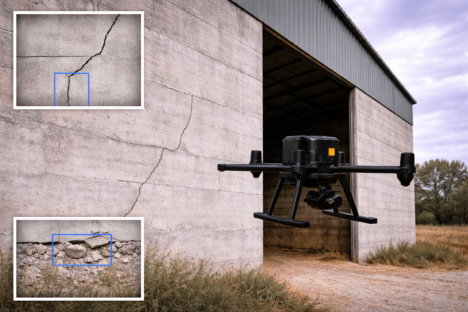 Inspection de fissures de façade agricole par drone (hangar, bâtiment agricole)