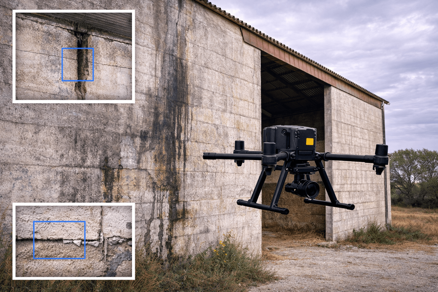 Inspection infiltration façade bâtiment agricole par drone