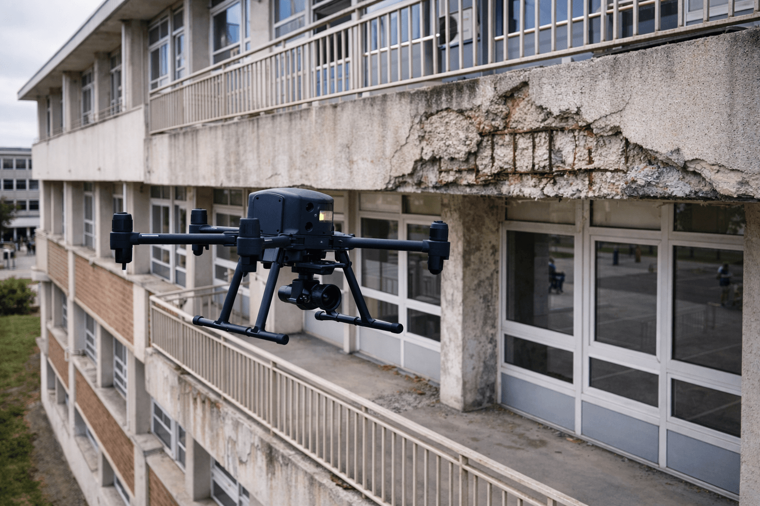 Inspection de balcons de bâtiment public par drone (sécurité et pathologies du béton)