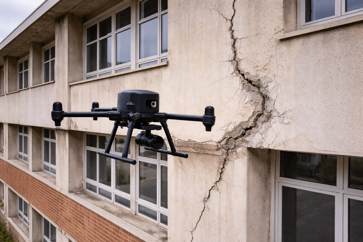 Inspection de fissures de façade de bâtiment public par drone (diagnostic visuel haute précision)