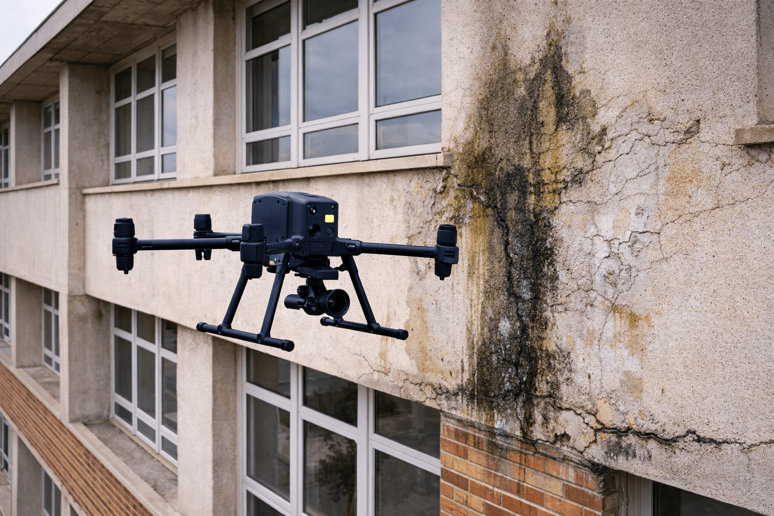 Inspection d’infiltration de façade de bâtiment public par drone