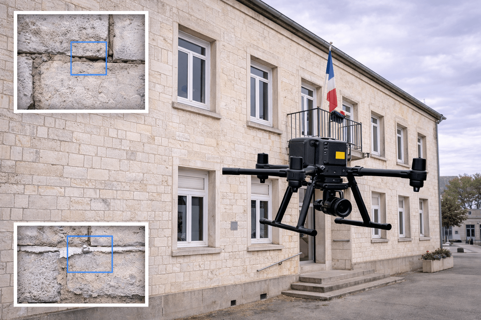 Inspection des joints de façade de bâtiment public par drone (étanchéité, infiltrations, isolation)
