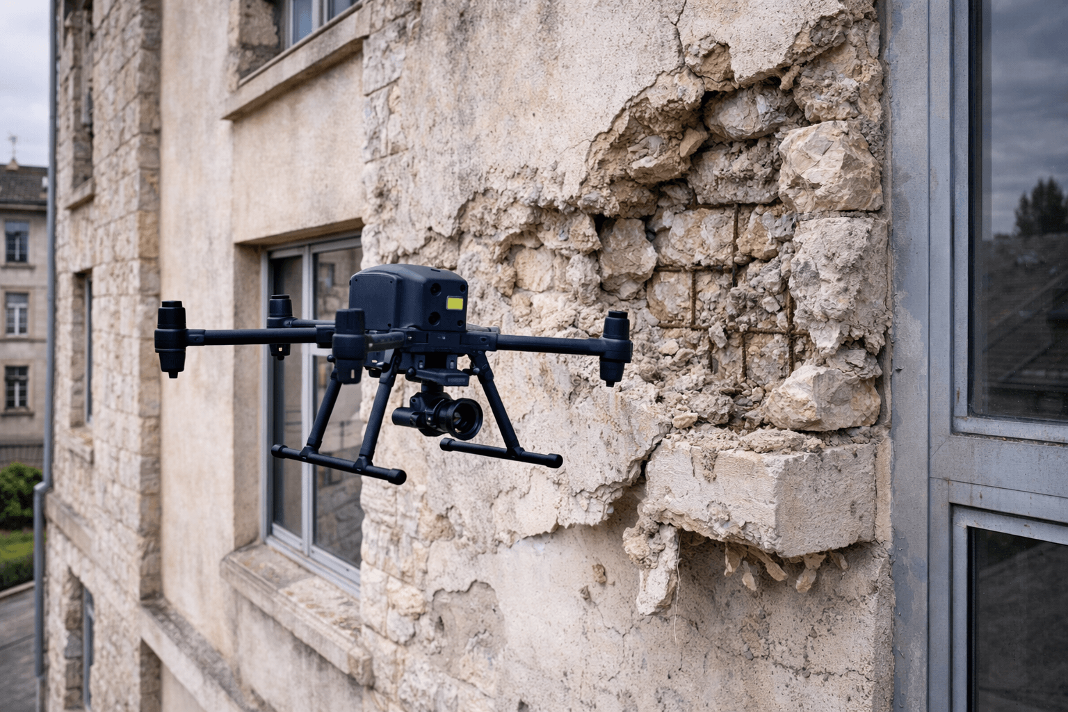 Inspection de zones à purger de façade de bâtiment public par drone