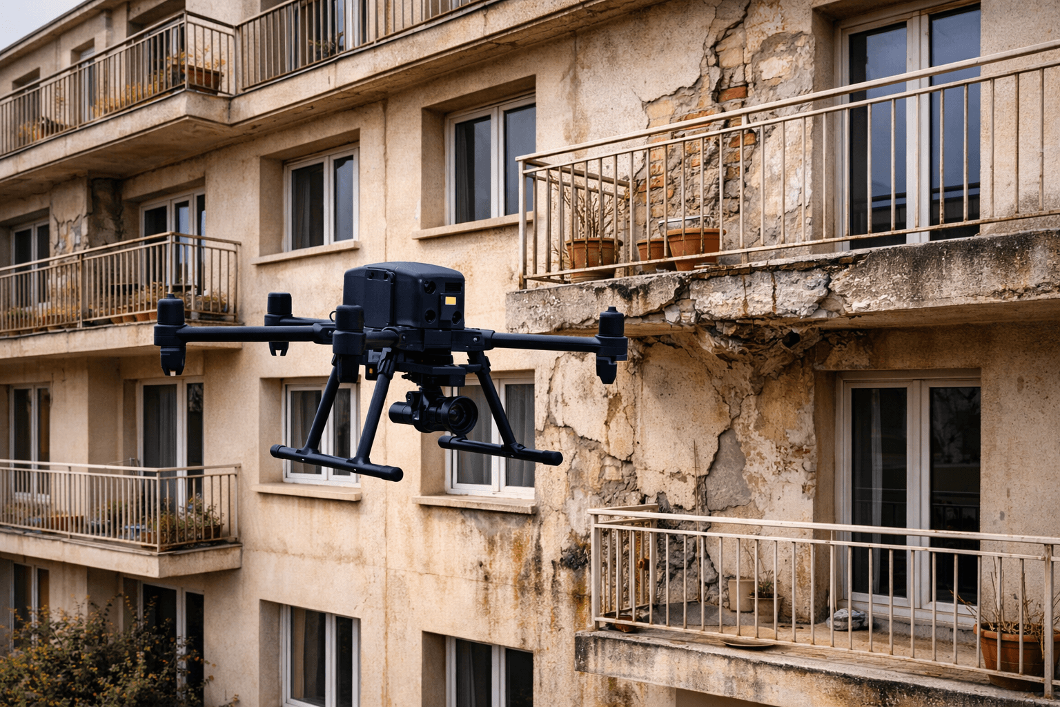 Inspection des balcons d'immeuble par drone (fissures, nez de dalle, garde-corps)