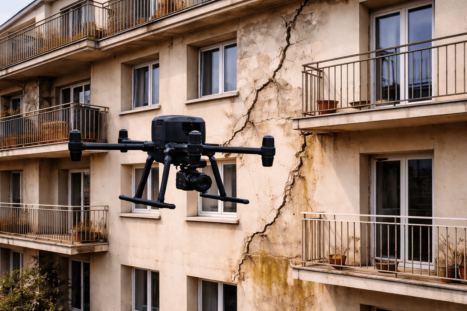 Inspection de fissures de façade d'immeuble par drone (diagnostic visuel)