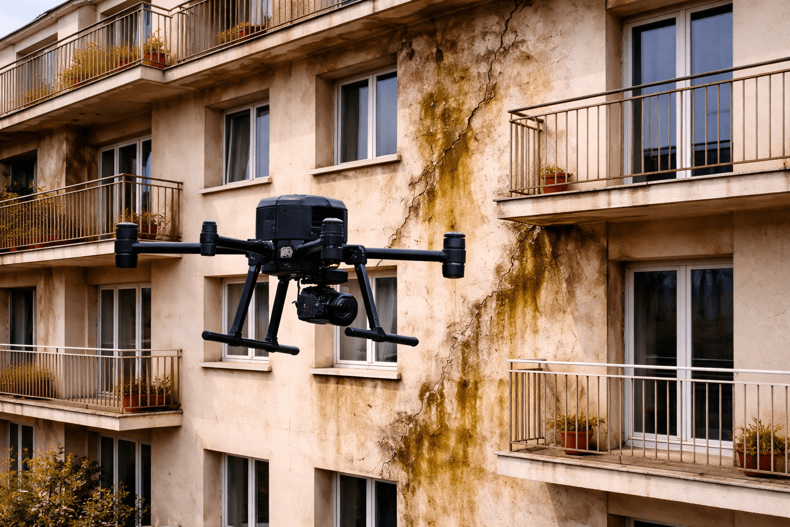 Inspection d’infiltration de façade d'immeuble par drone (fissures, étanchéité, humidité)