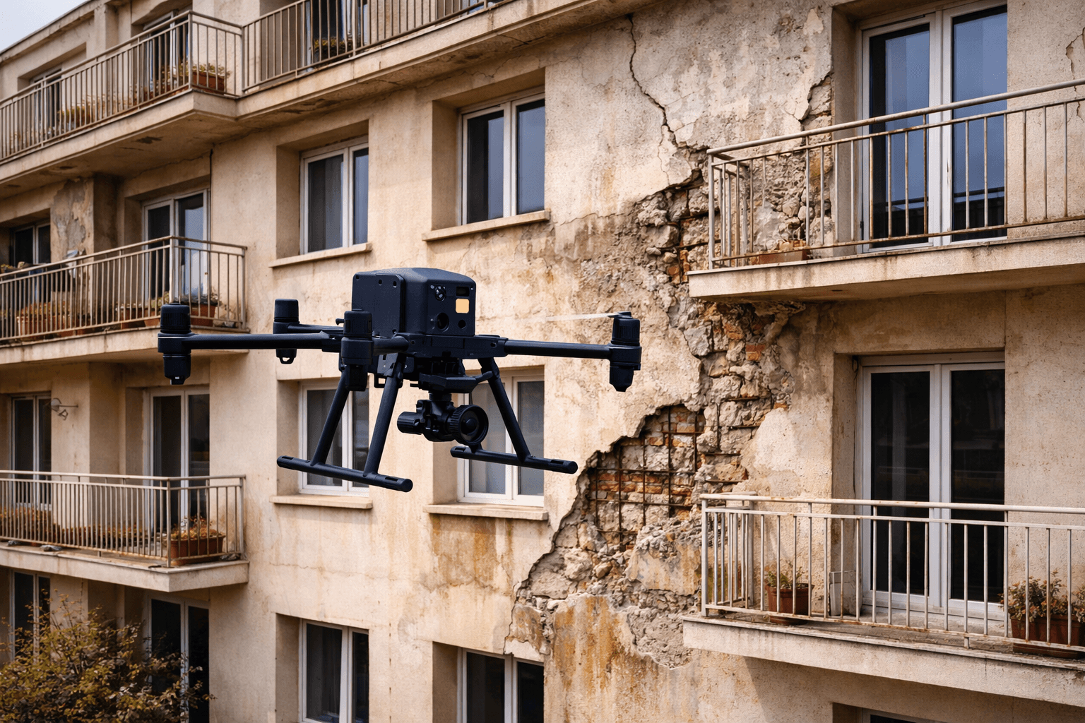 Inspection des zones à purger de façade d'immeuble par drone