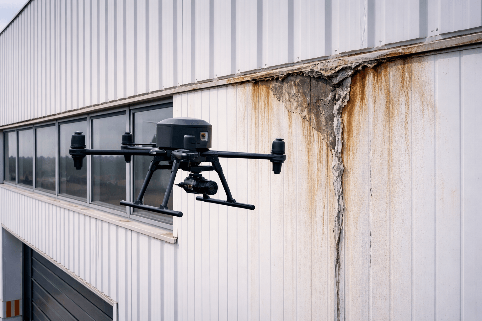 Inspection de bardage de façade industrielle par drone (panneaux sandwich, étanchéité)
