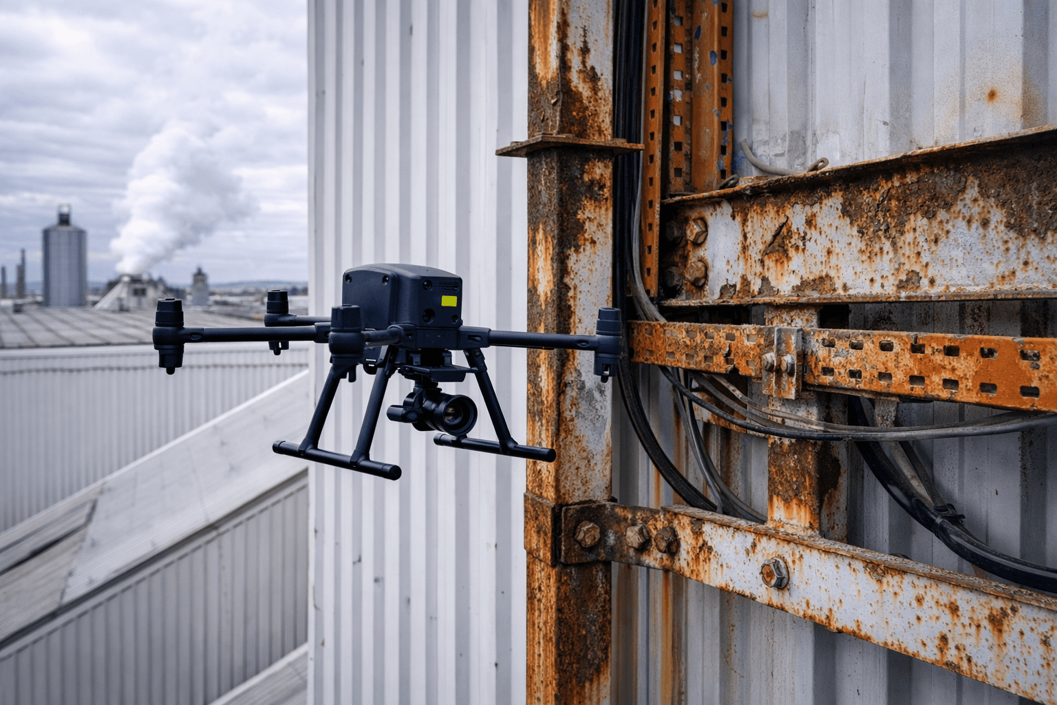 Inspection de corrosion de façade industrielle par drone (bardage, acier, béton)
