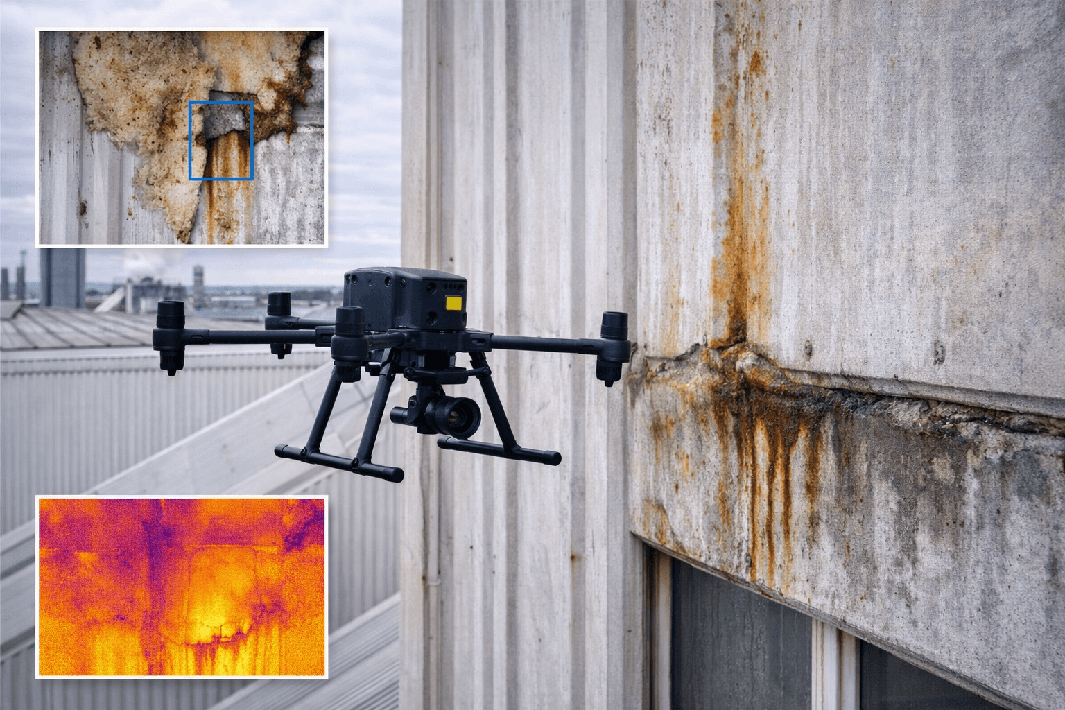 Inspection d’infiltration de façade industrielle par drone (bardage, fissures, étanchéité)