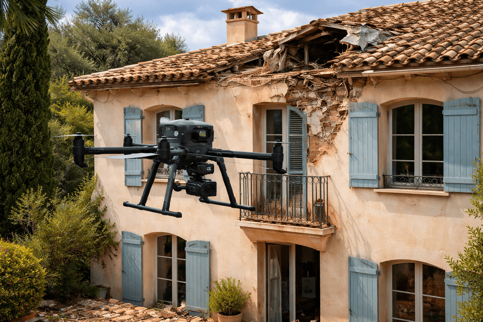 Inspection de façade de maison après tempête par drone