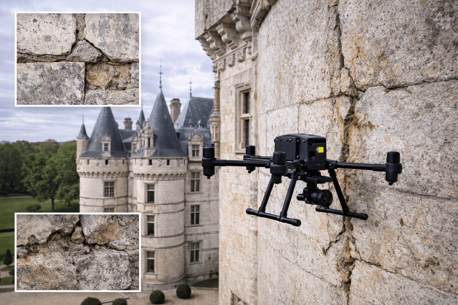 Inspection de façade de château par drone (monument historique et patrimoine)