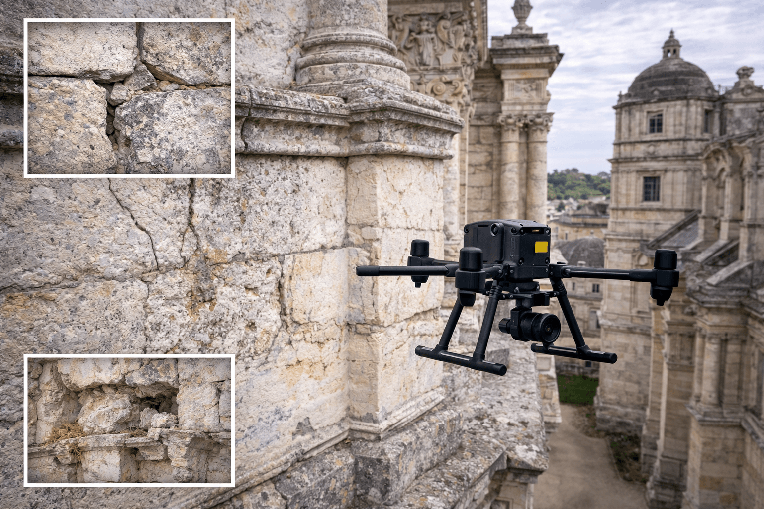 Inspection de façade de monument historique par drone (église, château, remparts)