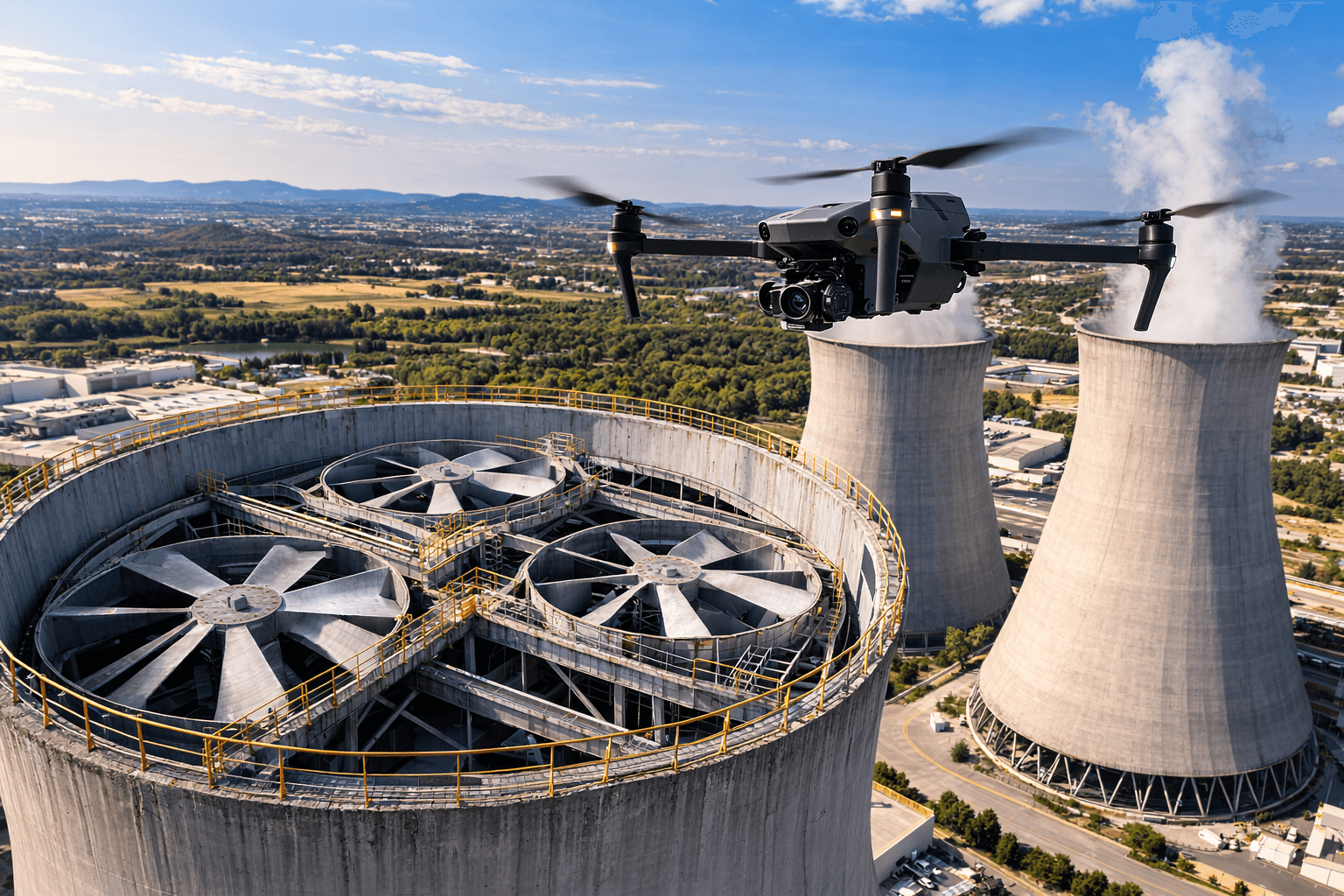 Inspection des tours de refroidissement par drone (structure, ventilateurs, corrosion)