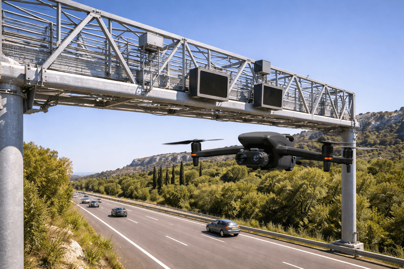 Inspection des portiques autoroutiers par drone (signalisation, PMV, structures métalliques)