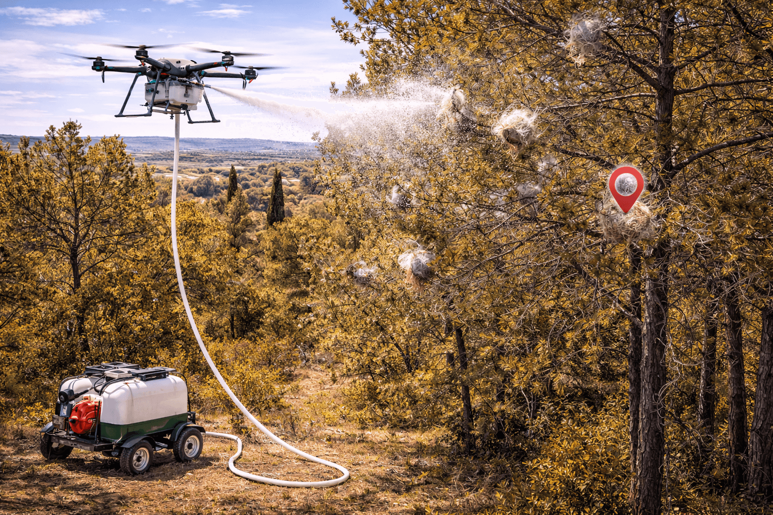 Traitement des chenilles processionnaires par drone (pins, cèdres, parcs)