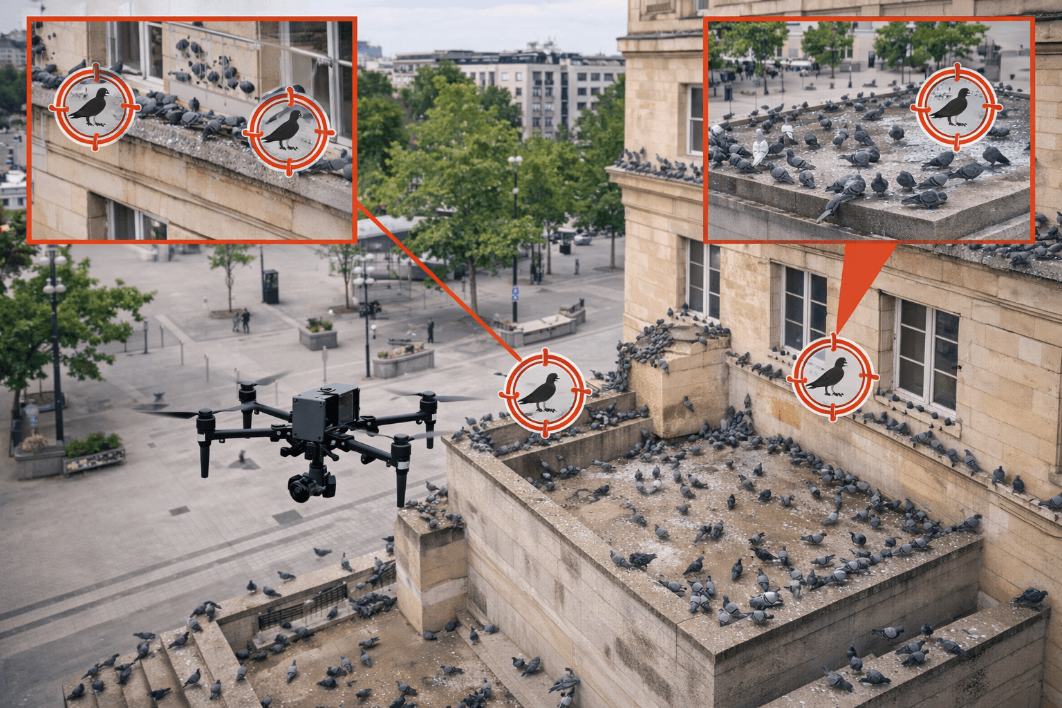 Inspection de pigeons et nuisances aviaires par drone (toitures, bâtiments, zones urbaines)